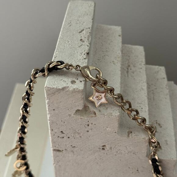 CHANEL Gold Chainlink Black Leather Embellished Camellia Charm CC Logo Necklace - Picture 7 of 9